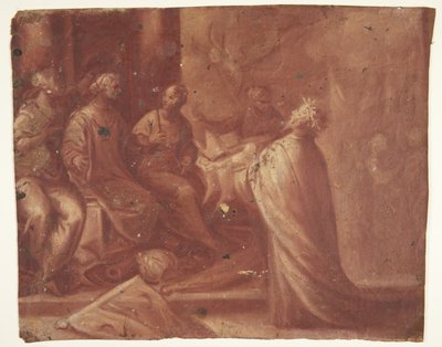Jesus gir en gjæring til en kvinne på en trone omgitt av to kvinner (allegori) av Ubekendt