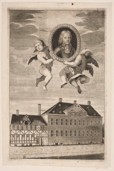 Medaljong med portrett av en gutt av familien Plessen. f.n. et bindingsverkshus og et herskapshus av Ubekendt