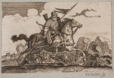 Ottomansk kavalerist med lanse og bue. I bakgrunnen er horsemanship av Ubekendt