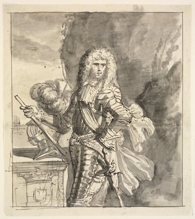 Portrett av en feltherre. Knestykke, stående ved en balustrade av Ubekendt