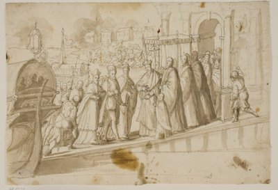 Kong Henry III, Doge Alvise Mocenigo og kardinal San Sisto ble mottatt av den venetianske patriarken Giovanni Trevisan ved Lido i Venezia av Ubekendt Ubekendt