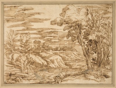 Elvelandskap med en sittende mann med turban og en gutt som leder en hest i forgrunnen, etter etsningen B.8, tilskrevet Titian av Ubekendt Ubekendt