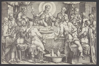 Kristus forutsa sviket til Judas Iskariot ved det siste måltid av Ubekendt efter Maarten van Heemskerck