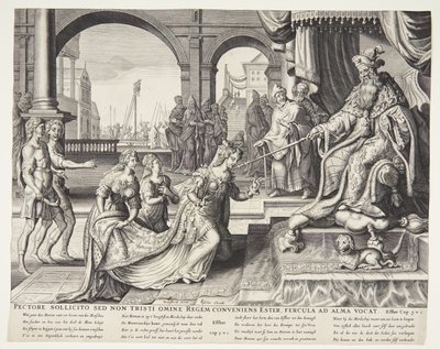 Ester foran Ahasverus og inviterte ham til en bankett av Ubekendt efter Philips Galle efter forlæg af Maarten van Heemskerck