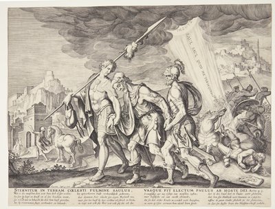 Den blinde Saul førte til Damaskus av Ubekendt efter Philips Galle efter forlæg af Maarten van Heemskerck