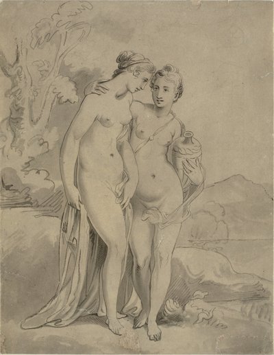 To nymfer i et landskap av Ubekendt engelsk kunstner 1820