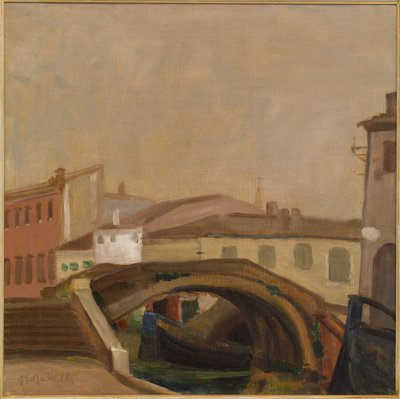 Hus og en bro i Chioggia (oljemaleri på lerret) av Ugo Martelli