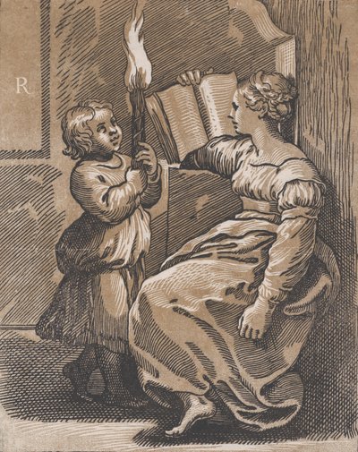 En sibylle som leser en bok vendt mot venstre, etter 1518. av Ugo da Carpi