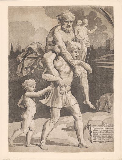 Aeneas flykter med familien fra Troja av Ugo da Carpi