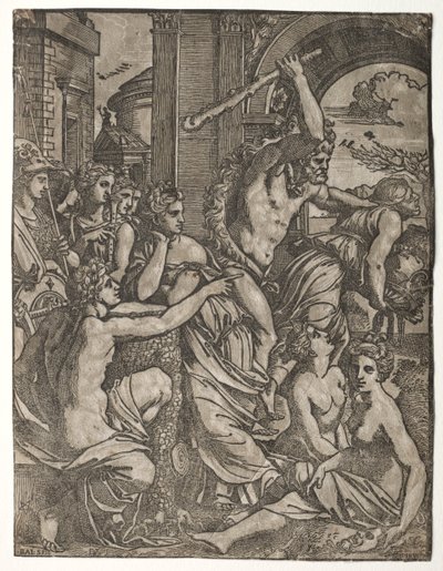 Hercules driver misunnelse fra Musenes tempel, 1522-24. av Ugo da Carpi