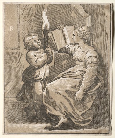 Sibyllelesing med et barn som holder en fakkel, 1518-27. av Ugo da Carpi