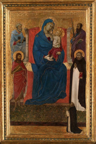 Jomfru og barn på tronen med de hellige Peter, Paulus, døperen Johannes og Dominikus og en dominikaner... av Ugolino da Siena