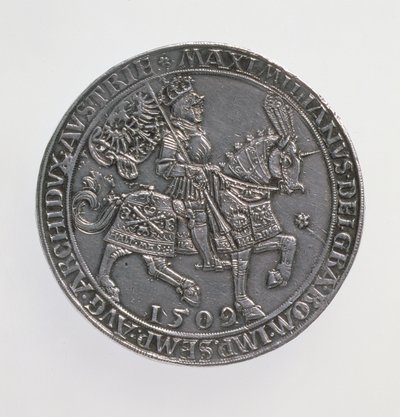 Kronungsdoppelguildiner (dobbelguldener) av keiser Maximilian I (1493-1519), Antwerpen mynt, gjenutgivelse av en mynt fra 1509, 1517 (forside) (sølv) (for bakside se 168075) av Ulrich Ursentaler
