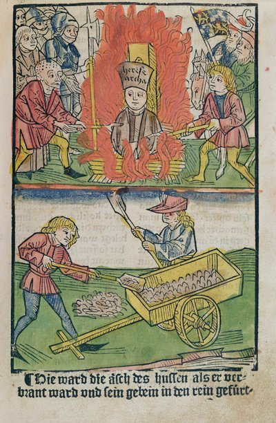 Jan Hus brent på bålet i Constance of Constance, fra 'Historie of the Council of Constance', utgitt 1483 av Ulrich von Richental