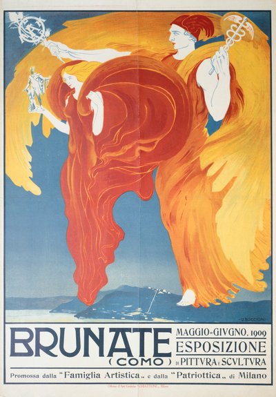 Plakat for utstilling av maleri og skulptur i Brunate av Umberto Boccioni (1882-1916), kromolitografi, 70x50 cm av Umberto Boccioni