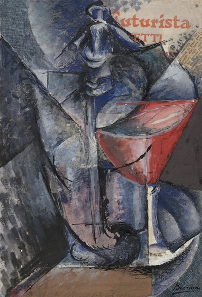 Still Life: Glass and Siphon, ca. 1914 (collage, gouache, penn og blekk) av Umberto Boccioni