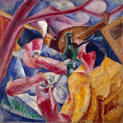 Under pergolaen, Napoli-maleri av Umberto Boccioni (1882-1916) 1914. Olje og collage på lerret. Dim. 83x83 cm Milano, Novecento-museet av Umberto Boccioni