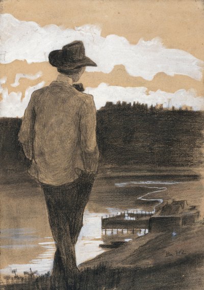 Ung mann på en elvebredd, 1902 (gouache, kull og pastell på papir) av Umberto Boccioni