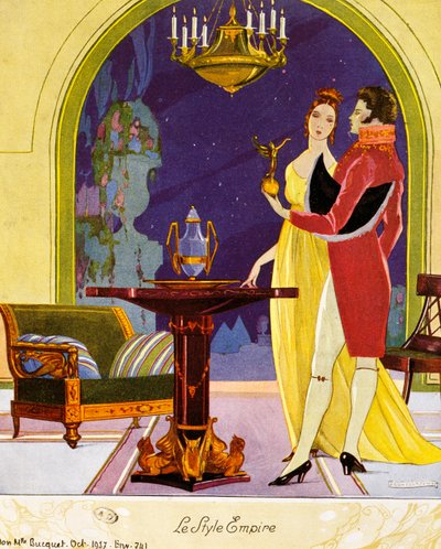 Empirestilscene, teatralsk setting, akvarell av Umberto Brunelleschi