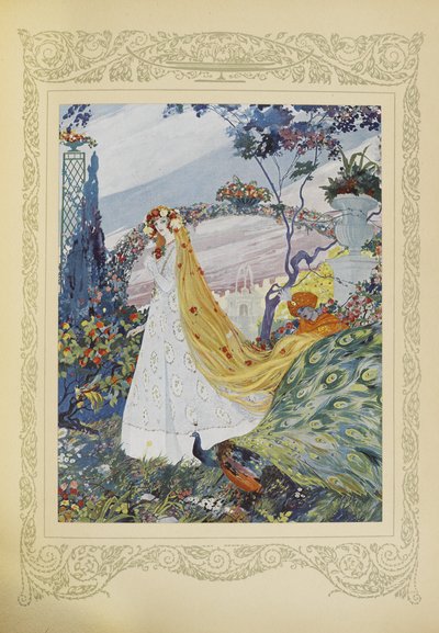 Hun dekket alltid det krøllede håret med en krone av blomster på hodet, illustrasjon fra 'Contes du Temps Jadis' eller 'Tales from Times Past', s.10 av Umberto Brunelleschi
