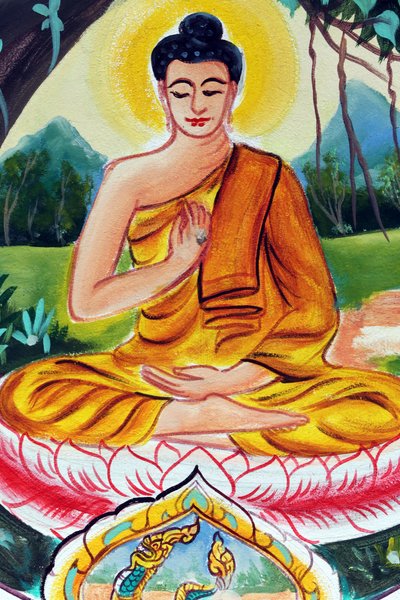 20151029, Vientiane, Laos: Wat Inpeng buddhisttempel. Maleri som skildrer livshistorien til Shakyamuni Buddha. The Teaching Buddha skildrer et spesielt øyeblikk i Buddhas liv, nemlig den første prekenen Buddha holdt etter å ha nådd opplysningstiden av Unbekannt