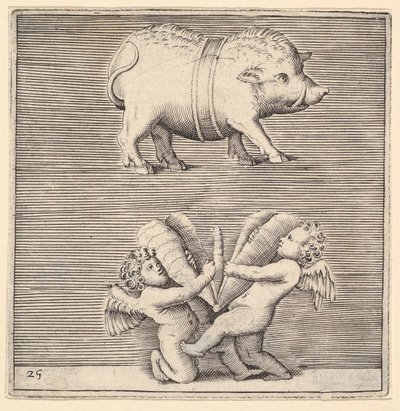 En beltet gris og to amoriner eller genier med en sommerfugl eller møll, utgitt ca. 1599-1622. av Unbekannt