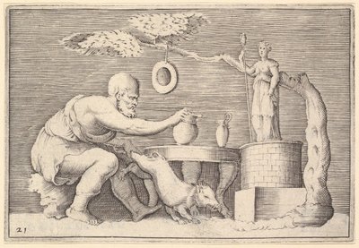 En faun eller satyr som forbereder en gris til ofring, utgitt ca. 1599-1622. av Unbekannt