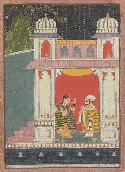 En heltinne og hennes elsker i en paviljong: Side fra en spredt Nayikabheda, ca. 1660-80. av Unbekannt
