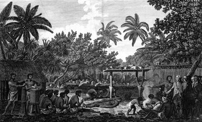 Et menneskeoffer i en Morai, i Otaheite, i nærvær av kaptein Cook, c1773 av Unbekannt