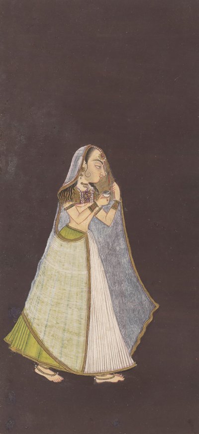 En dame som går om natten og holder en oljelampe, ca. 1725. av Unbekannt