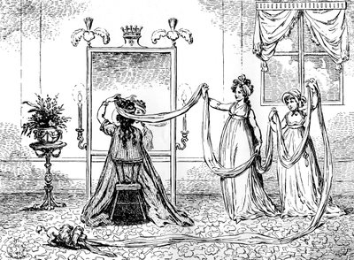 En dame som tar på seg hetten, juni 1795 av Unbekannt
