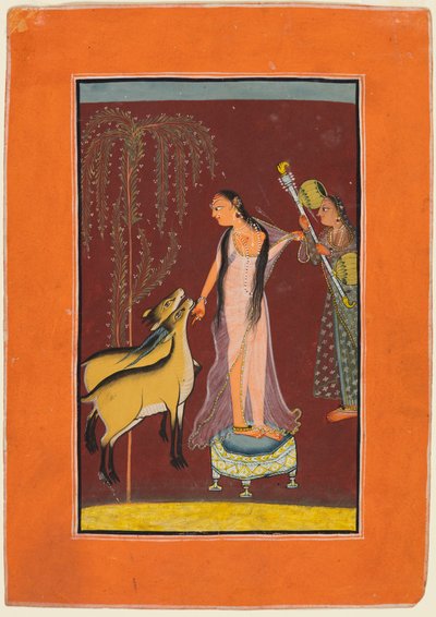 En dame med ledsager og et par hjort, sannsynligvis Gujari Ragini fra Dipak, fra en Pahari Ragamala, 1 av Unbekannt