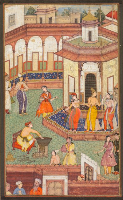 En mann dypper hånden i en gryte mens Ladies of the Harem står i forbløffelse..., ca. 1600. av Unbekannt