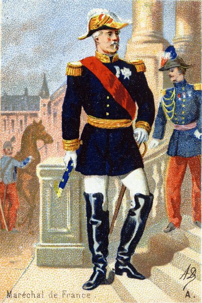 A: Marechal fra Frankrike. Gravering i "Militæralfabetet". Illustratorens initialer: A. D. Ukjent utgiver. Kromolitografier sent på 1800-tallet. Mål: 10,5x7 cm. av Unbekannt