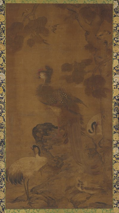 En Phoenix og to traner under et tre, Ming-dynastiet, 1500-1700-tallet. av Unbekannt
