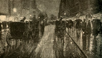 En regnfull natt. - Gate opplyst av elektrisitet, 1882. av Unbekannt