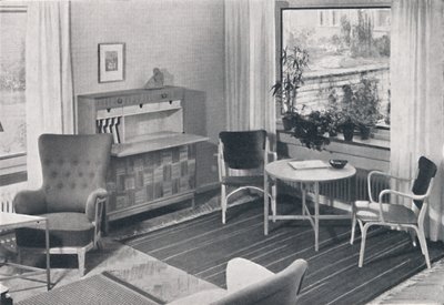 En svensk stue med møbler designet av Caarl-Axel Acking og laget av Svenska Mobelfabrike av Unbekannt