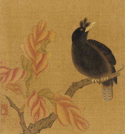 En svarttrost på en gren, høstløv, Qing-dynastiet, 1700-tallet. av Unbekannt