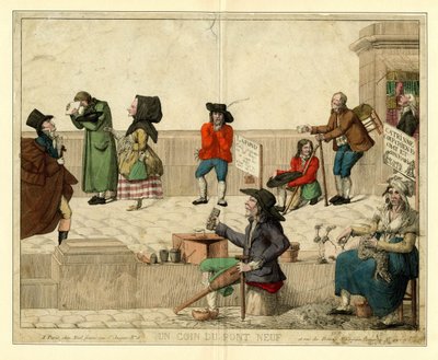 Et hjørne av Pont Neuf, Paris, med lamme tiggere og gateselgere, ca 1813. av Unbekannt