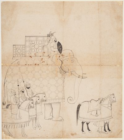 En tegning av Caparisoned Elephant and Horses, ca. 1760. av Unbekannt