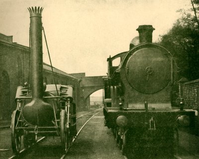 En fullstørrelsesmodell av Stephensons Rocket sammen med en motor fra George the Fifth-klassen, Londo av Unbekannt