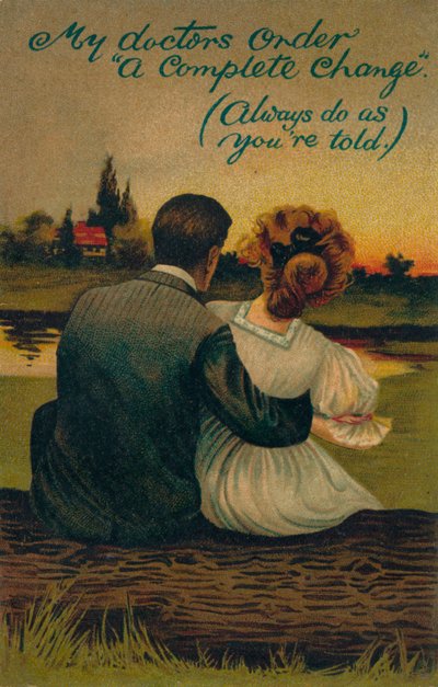 Et humoristisk postkort som viser et frierpar, 1908 av Unbekannt