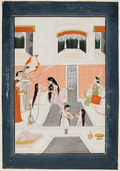 En dame ved toalettet hennes lytter til musikk ved siden av en vannkaskade i palasset, ca. 1780. av Unbekannt