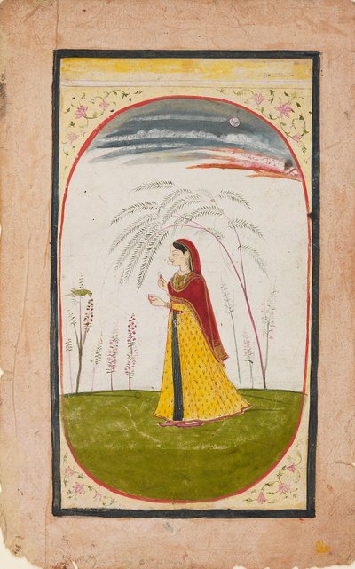 En dame i et sparsomt landskap, holder en blomst og kopp, tidlig på 1800-tallet av Unbekannt