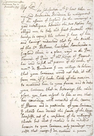 Et brev av Oliver Cromwell til kardinal Mazarin, 4. desember 1657, 1899 av Unbekannt