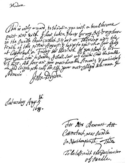 Et brev skrevet av John Dryden 1631-12700, engelsk poet, 1699 1840 av Unbekannt