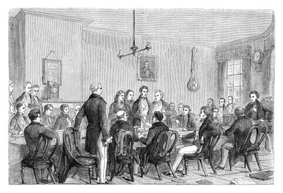 Et møte i Anti-Corn Law League i Newalls Building, Manchester, 1838 c1895 av Unbekannt