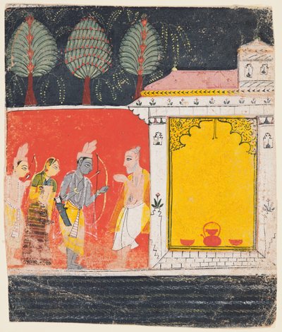 En side fra en Ramayana: En nattscene av Rama, Lakshman og Sita før rishi..., ca. 1650. av Unbekannt