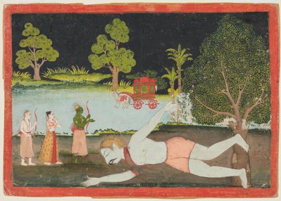 En side fra en Ramayana: Rama, Lakshman og Sita før en drept kjempe, ca. 1770. av Unbekannt