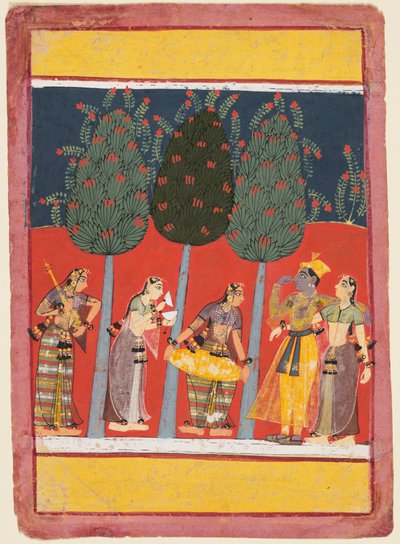 En side fra en Rasikapriya-serie: Krishna og Radha og Sakhiene med musikkinstrumenter, ca. 1650 av Unbekannt